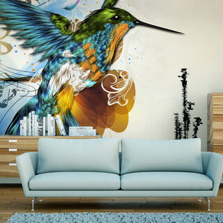 Fototapet - Färgglad kolibri - fantasibild med noter på beige bakgrund med mönster