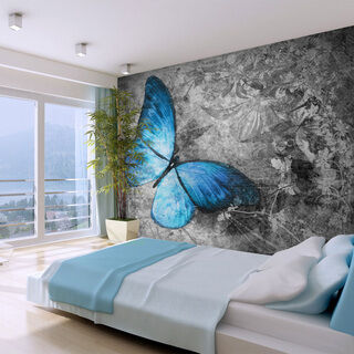 Fototapet - Insekternas värld - vacker blå fjäril på en grå retrobakgrund