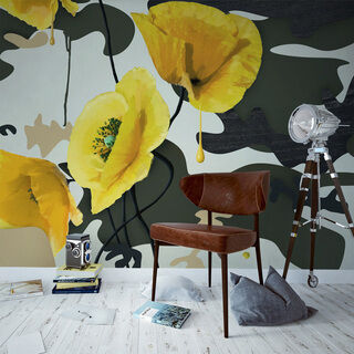 Fototapet - Nyligen målad - blommigt motiv med gula vallmo på abstrakt bakgrund