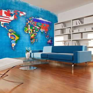 Fototapet - Världskarta - motiv med kontinenter i flaggfärger på blå bakgrund