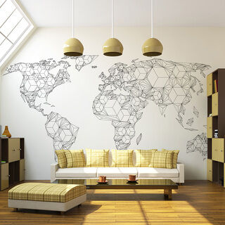Fototapet - Världskarta - svartvit komposition med skisserade kontinenter