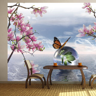Fototapet - Fantasi med fjäril - fjäril på en glob mot havet och magnolia