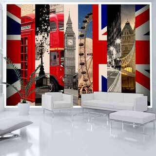 Fototapet - London, Storbritannien - motiv med stadens arkitektur och brittisk flagga