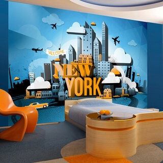 Fototapet - Street art - gul text New York med motiv av skyskrapor och bilar