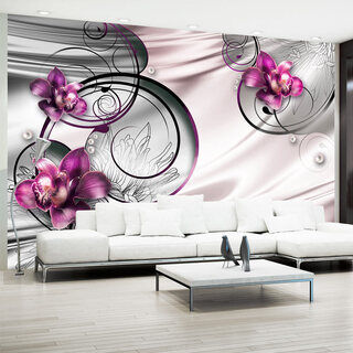 Fototapet - Njutningsvåg - blomabstraktion av orkidéer i lila med pärlor