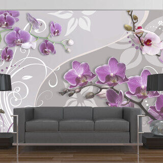 Fototapet - Lila orkidéflykt - blommor på bakgrund med fantasielement
