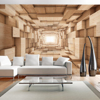 Fototapet - Tunnel med ljus - abstrakt rymd med träblock
