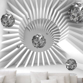 Fototapet - Dominoarkitektur - modern vit rymd med silverkulor