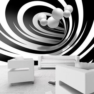 Fototapet - Modern abstraktion - svartvit tunnel med 3D-djupillusion och kulor