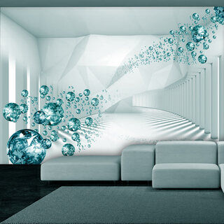 Fototapet - Korridor - vit geometrisk abstraktion i 3D med blåa diamanter