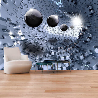 Fototapet - Abstrakt pussel - tunnel av silverpussel med klotillusion i 3D