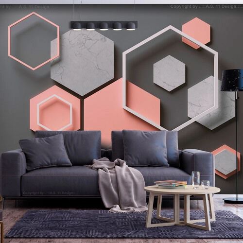 Fototapet - Hexagonalt mönster - abstraktion med geometriska figurer på en grå bakgrund