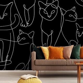 Fototapet - Kattlineart - minimalistiska skisser av vita katter på svart bakgrund