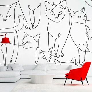 Fototapet - Kattlineart - minimalistiska skisser av svarta katter på vit bakgrund