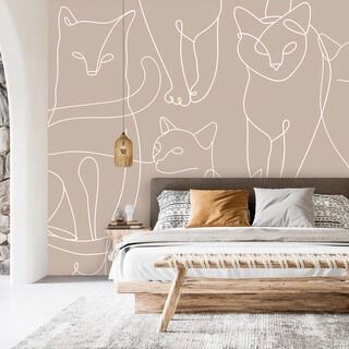 Fototapet - Kattlineart - minimalistiska skisser av vita katter på beige bakgrund