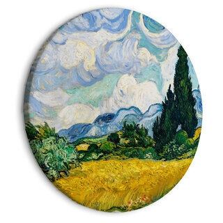 Rund tavla - Vincent Van Gogh - A Landscape With a Yellow Field of Chrysanthemum and a Cypress Tree