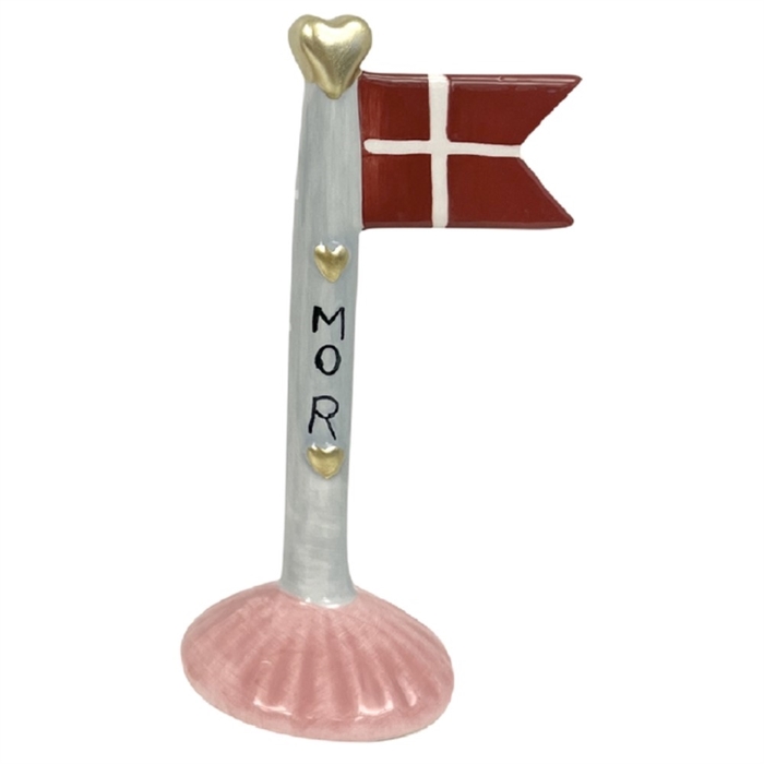 Keramisk flaggstång med dansk flagga, texten "MOR" och hjärtan på en rosa bas.