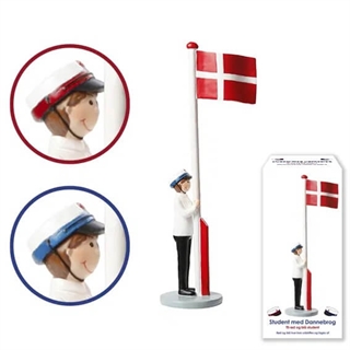 Student med flagga inklusive röd och blå mössa