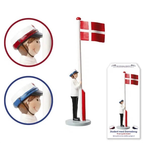 Student med flagga inklusive röd och blå mössa