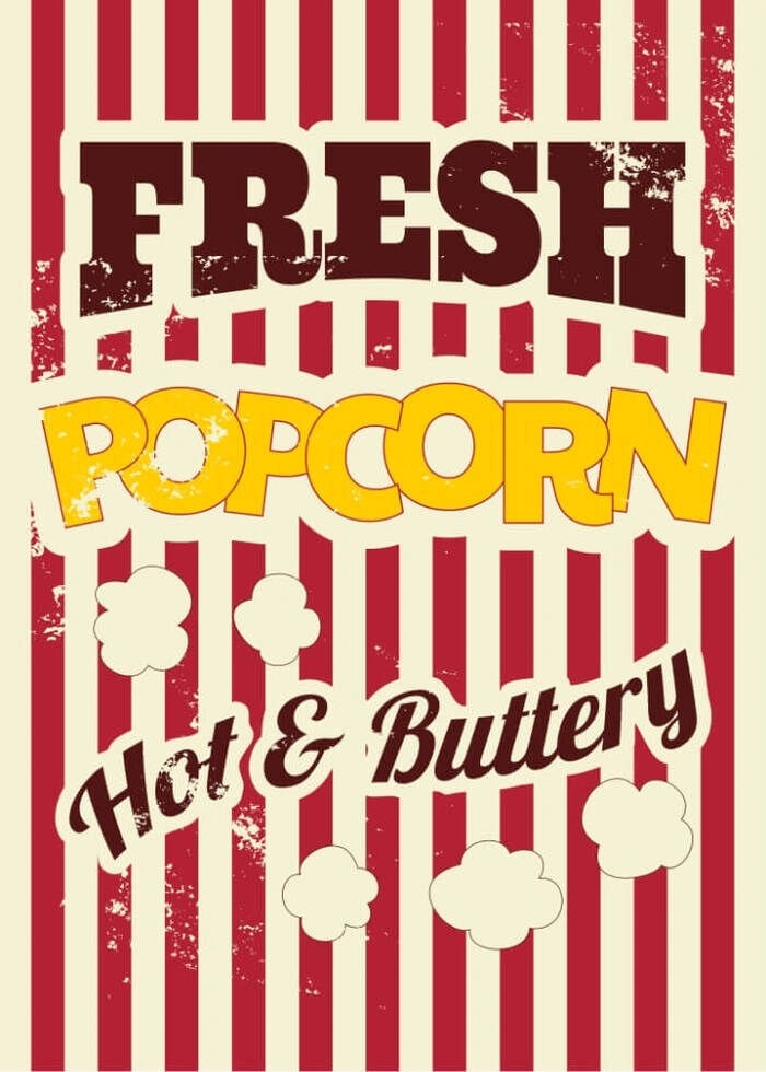 Poster med retrotext. Färsk popcorn. Hot and Buttery