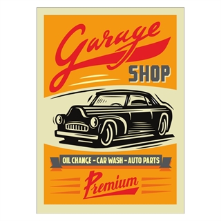 Poster med retrotext. Garage butik olja chans. Biltvätt och bildelar
