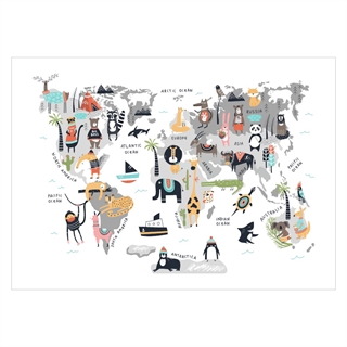 Barnposter med en världskarta och roliga djur i färgglad design