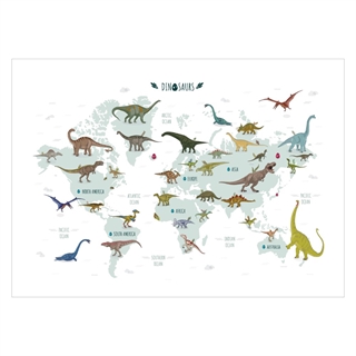 Barnposter med världskarta och dinosaurie i fina färger