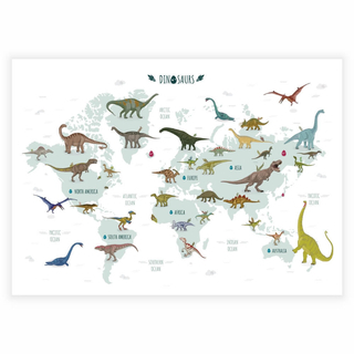Barnposter med världskarta och dinosaurie i fina färger
