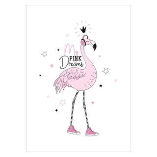 Barnposter med rosa flamingo och texten Mina rosa drömmar