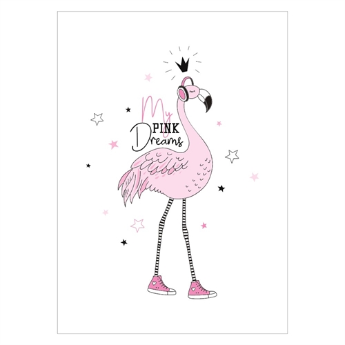 Barnposter med rosa flamingo och texten Mina rosa drömmar