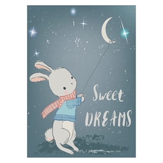 Gullig barnposter med liten kanin och stjärnhimmel samt orden söta drömmar
