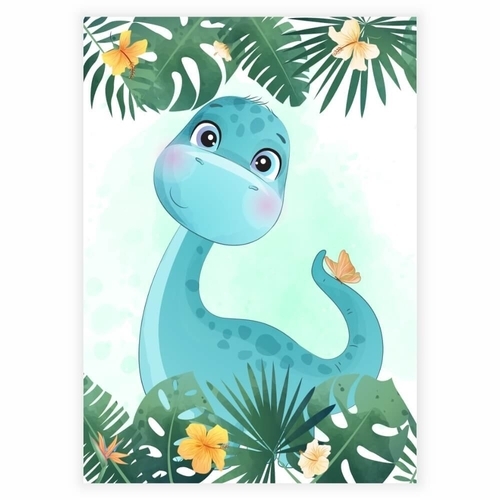 Barnposter med blå dinosaurie och exotisk design