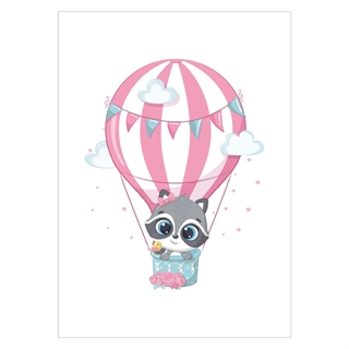 Barnposter med gullig tvättbjörn i rosa luftballong