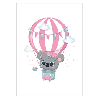Barnposter med gullig koala i en rosa luftballong