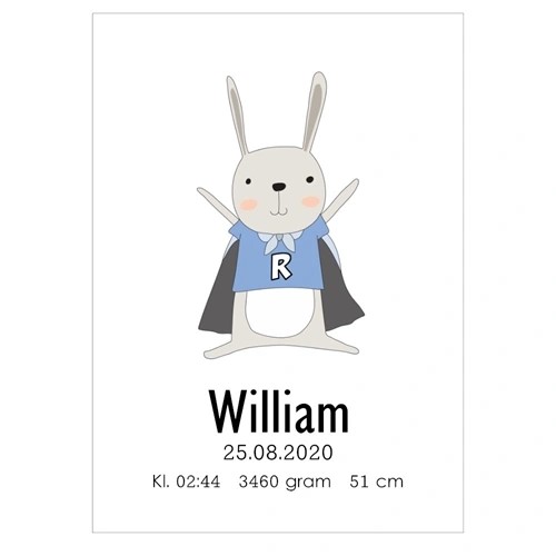 Barnposter och födelsetavla med kanin för pojkar