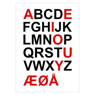 Poster med svarta bokstäver och röda vokaler