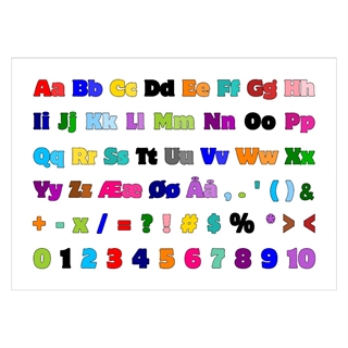Färgglada inlärningsposter med alfabet, siffror och tecken