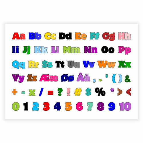 Färgglada inlärningsposter med alfabet, siffror och tecken