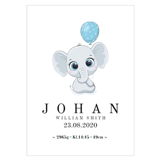 Födelsebräda med en charmig elefant som håller en blå ballong. Affischen har plats för namn, datum, höjd och vikt.