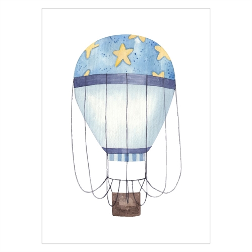 Retro akvarell luftballong med ballong i ljusblå färg och gula stjärnor
