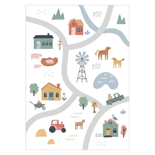 Poster med bykarta med hus och djur