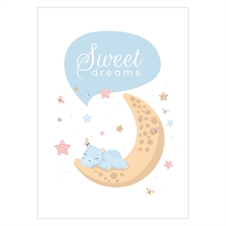 Poster med flodhäst på månen med söta drömmar Ljusblå