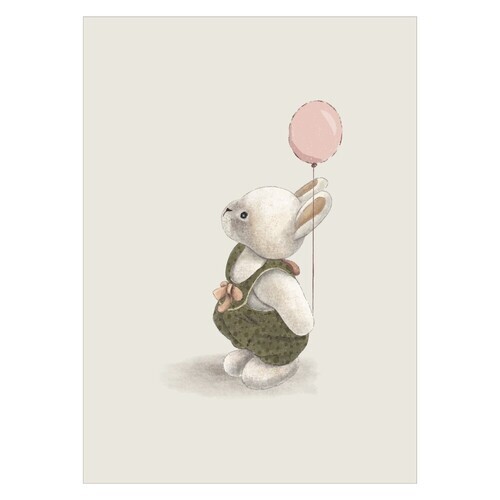 Poster för baby med kanin och rosa ballong. Fin ljus och beige bakgrund