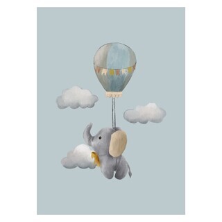 Barnaffisch med elefant, luftballong och moln på en vacker lusblå bakgrund