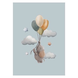 Barnposter med ballonger, moln och en elefant i vackra känsliga färger