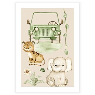 Barnposter med safaribil, elefant och tiger