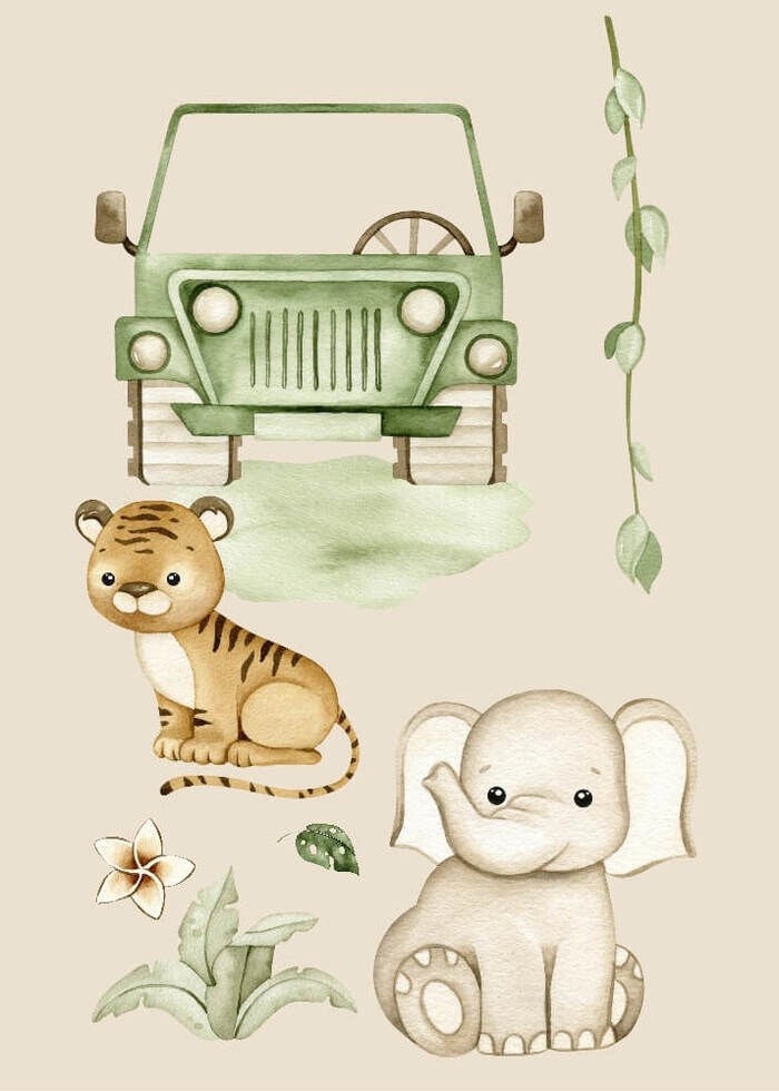 Barnposter med safaribil, elefant och tiger