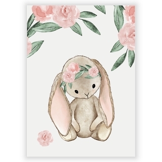Söt akvarell barnaffisch med kaninungar och blommor