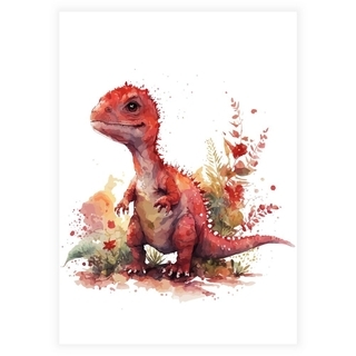 Akvarell barnaffisch med röd dinosaurie