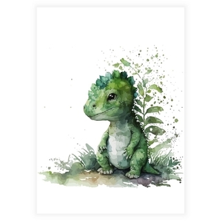 Akvarell barnaffisch med grön dinosaurie